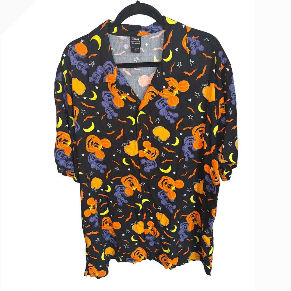 Disney Our Universe Mickey Mouse Halloween Pumpkin Bat Button Up Shirt Mens XL